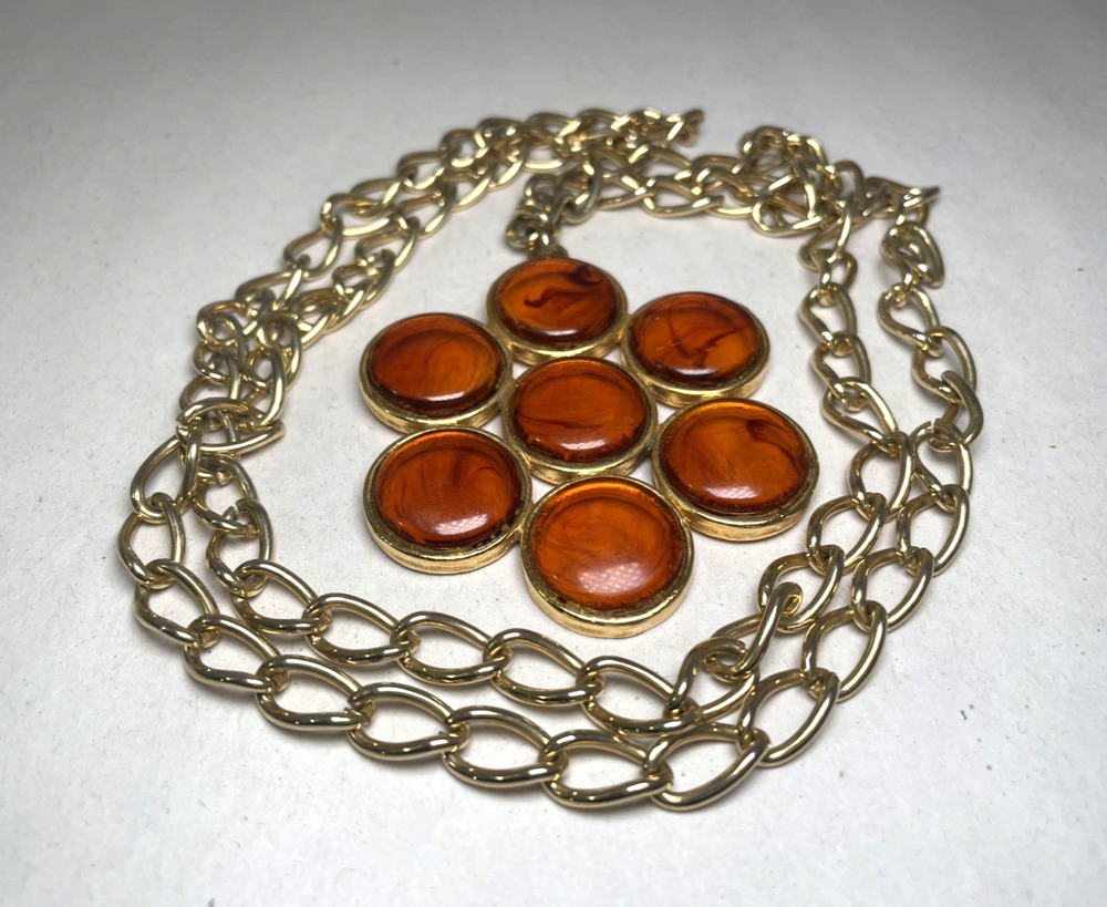 Vintage ART Signed Amber Glass Cabochon Gold Tone Pendant Necklace 32" Long Stat